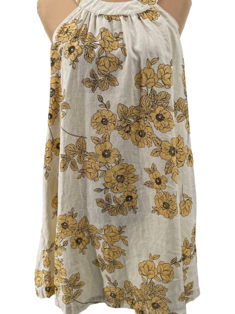NWT Cynthia Rowley Cream & Yellow Floral Print 100% Linen Sleeveless Halter Dres